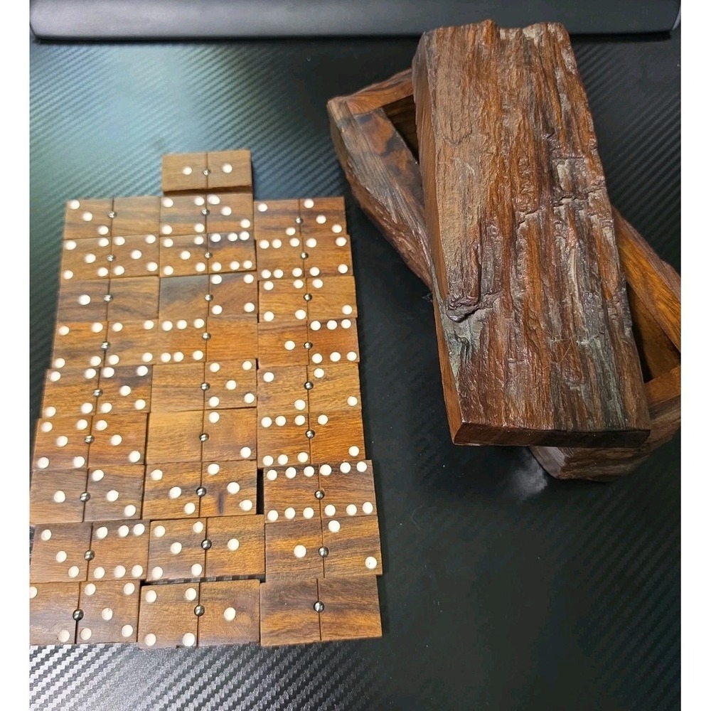 VTG Wood Hand Made Ironwood Dominos Set of 28 Tiles Rustic Log Case Complete
